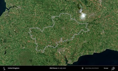 Devon 'ın ortası. Temmuz 2021 'de çekilen Copernicus Sentinel karolarından oluşan bir uydu görüntüsü üzerinde Birleşik Krallık' ın idari bölgesinin ana hatlarını belirledik.