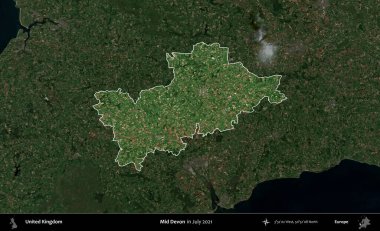 Devon 'ın ortası. Birleşik Krallık 'ın idari alanı, Temmuz 2021' de çekilen Kopernik Nöbetçi karolarından oluşan koyu renkli bir uydu görüntüsü üzerinde vurgulandı ve özetlendi.