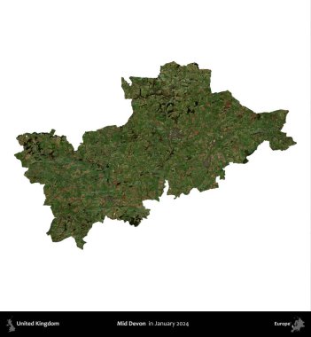 Devon 'ın ortası. Birleşik Krallık 'ın idari alanı, Copernicus Sentinel' in Ocak 2024 'te çekilen uydu görüntüsüyle beyaza izole edildi.