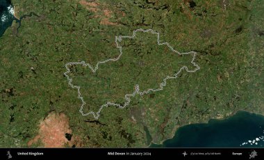 Devon 'ın ortası. Ocak 2024 'te çekilen Kopernik Nöbetçi karolarından oluşan bir uydu görüntüsü üzerinde Birleşik Krallık' ın idari bölgesinin ana hatlarını belirledik.