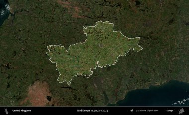 Devon 'ın ortası. Birleşik Krallık 'ın idari alanı, Ocak 2024' te çekilen Kopernik Nöbetçi karolarından oluşan koyu renkli bir uydu görüntüsü üzerinde vurgulandı ve özetlendi.