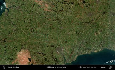 Devon 'ın ortası. Ocak 2024 'te Copernicus Sentinel karolarından oluşan bir uydu görüntüsü üzerinde Birleşik Krallık' ın idari alanı
