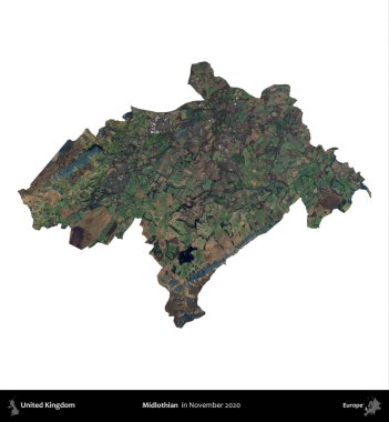 Midlothian. Birleşik Krallık 'ın idari alanı, Kasım 2020' de çekilen Kopernik Nöbetçi karolarından oluşan bir uydu görüntüsü üzerinde beyaza izole edilmiştir.