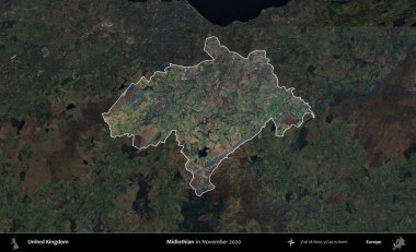 Midlothian. Birleşik Krallık 'ın idari alanı, Kasım 2020' de çekilen Kopernik Nöbetçi karolarından oluşan koyu renkli bir uydu görüntüsü üzerinde vurgulandı ve özetlendi.