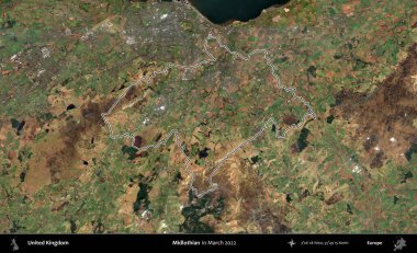 Midlothian. Mart 2022 'de çekilen Copernicus Sentinel karolarından oluşan bir uydu görüntüsü üzerinde Birleşik Krallık' ın idari alanının ana hatlarını belirledik.