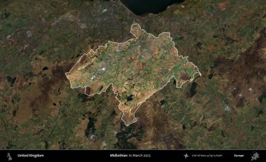 Midlothian. Birleşik Krallık 'ın idari alanı, Mart 2022' de çekilen Kopernik Nöbetçi karolarından oluşan koyu renkli bir uydu görüntüsü üzerinde vurgulandı ve özetlendi.