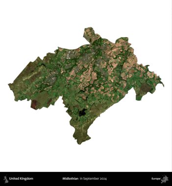 Midlothian. Birleşik Krallık 'ın idari alanı, Eylül 2024' te çekilen Kopernik Nöbetçi karolarından oluşan bir uydu görüntüsü üzerinde beyaza izole edilmiştir.