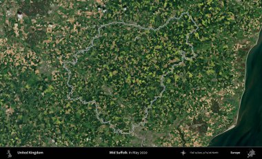 Suffolk 'un ortası. Mayıs 2020 'de çekilen Copernicus Sentinel karolarından oluşan bir uydu görüntüsü üzerinde Birleşik Krallık' ın idari bölgesini özetledik.