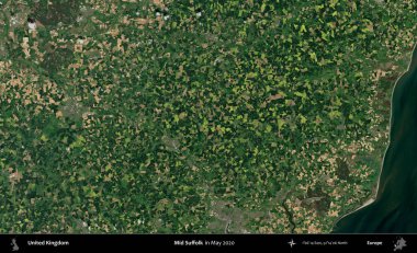Suffolk 'un ortası. Mayıs 2020 'de Copernicus Sentinel karolarından oluşan bir uydu görüntüsü üzerinde Birleşik Krallık' ın idari alanı