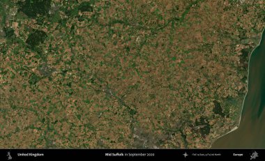 Suffolk 'un ortası. Eylül 2020 'de Copernicus Sentinel karolarından oluşan bir uydu görüntüsü üzerinde Birleşik Krallık' ın idari alanı