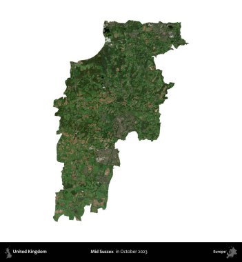 Sussex 'in ortasında. Birleşik Krallık 'ın idari alanı, Ekim 2023' te çekilen Kopernik Nöbetçi karolarından oluşan bir uydu görüntüsüyle beyaza izole edildi.