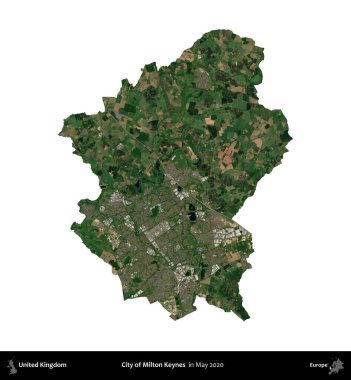 Milton Keynes şehri. Birleşik Krallık 'ın idari alanı, Mayıs 2020' de çekilen Kopernik Nöbetçi karolarından oluşan bir uydu görüntüsü üzerinde beyaza izole edilmiştir.