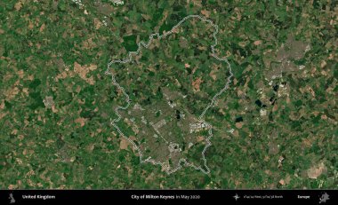 Milton Keynes şehri. Mayıs 2020 'de çekilen Copernicus Sentinel karolarından oluşan bir uydu görüntüsü üzerinde Birleşik Krallık' ın idari bölgesini özetledik.