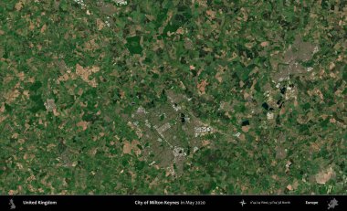 Milton Keynes şehri. Mayıs 2020 'de Copernicus Sentinel karolarından oluşan bir uydu görüntüsü üzerinde Birleşik Krallık' ın idari alanı