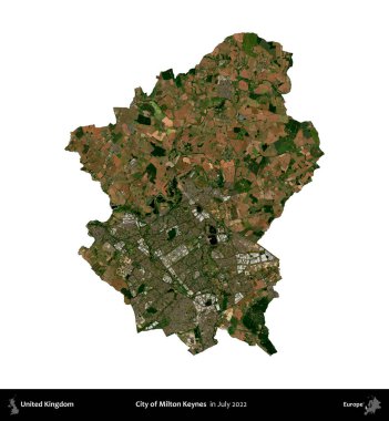 Milton Keynes şehri. Birleşik Krallık 'ın idari alanı, Temmuz 2022' de çekilen Kopernik Nöbetçi karolarından oluşan bir uydu görüntüsüyle beyaza izole edildi.