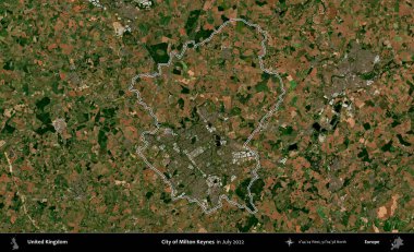 Milton Keynes şehri. Temmuz 2022 'de çekilen Copernicus Sentinel karolarından oluşan bir uydu görüntüsü üzerinde Birleşik Krallık' ın idari bölgesinin ana hatlarını belirledik.