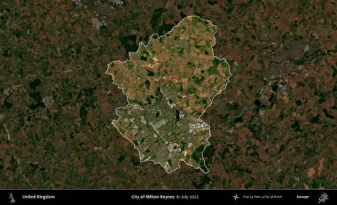 Milton Keynes şehri. Birleşik Krallık 'ın idari alanı, Temmuz 2022' de çekilen Kopernik Nöbetçi karolarından oluşan koyu renkli bir uydu görüntüsüyle vurgulanmış ve özetlenmiştir.