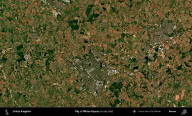 Milton Keynes şehri. Temmuz 2022 'de çekilen Kopernik Nöbetçi karolarından oluşan bir uydu görüntüsü üzerinde Birleşik Krallık' ın idari alanı