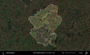 Milton Keynes şehri. Birleşik Krallık 'ın idari alanı, Kasım 2024' te çekilen Kopernik Nöbetçi karolarından oluşan koyu renkli bir uydu görüntüsü üzerinde vurgulandı ve özetlendi.