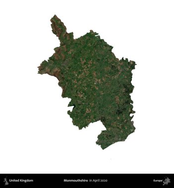 Monmouthshire 'da. Birleşik Krallık 'ın idari alanı, Nisan 2020' de çekilen Kopernik Nöbetçi karolarından oluşan bir uydu görüntüsü üzerinde beyaza izole edilmiştir.