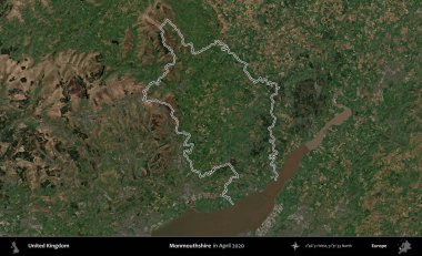 Monmouthshire 'da. Nisan 2020 'de çekilen Kopernik Nöbetçi karolarından oluşan bir uydu görüntüsü üzerinde Birleşik Krallık' ın idari alanının ana hatlarını belirledik.