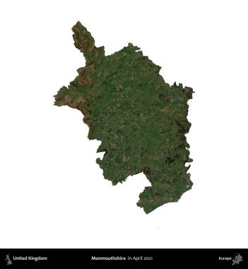 Monmouthshire 'da. Birleşik Krallık 'ın idari alanı, Nisan 2021' de çekilen Kopernik Nöbetçi karolarından oluşan bir uydu görüntüsü üzerinde beyaza izole edilmiştir.