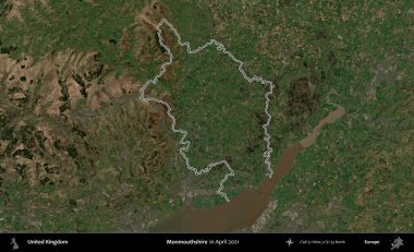 Monmouthshire 'da. Nisan 2021 'de çekilen Kopernik Nöbetçi karolarından oluşan bir uydu görüntüsü üzerinde Birleşik Krallık' ın idari bölgesinin ana hatlarını belirledik.