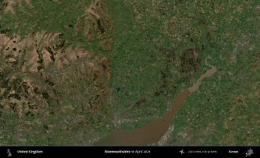 Monmouthshire 'da. Nisan 2021 'de çekilen Kopernik Nöbetçi karolarından oluşan bir uydu görüntüsü üzerinde Birleşik Krallık' ın idari alanı