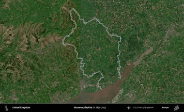 Monmouthshire 'da. Mayıs 2023 'te çekilen Copernicus Sentinel karolarından oluşan bir uydu görüntüsü üzerinde Birleşik Krallık' ın idari alanının ana hatlarını belirledik.