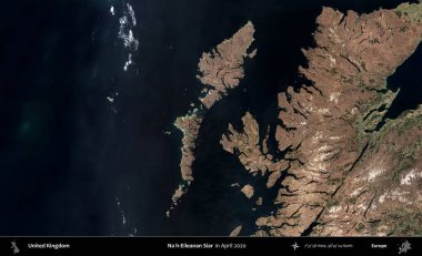 Hayır, Eileanan Siar. Nisan 2020 'de çekilen Kopernik Nöbetçi karolarından oluşan bir uydu görüntüsü üzerinde Birleşik Krallık' ın idari alanı