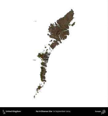 Hayır, Eileanan Siar. Birleşik Krallık 'ın idari alanı, Eylül 2024' te çekilen Kopernik Nöbetçi karolarından oluşan bir uydu görüntüsü üzerinde beyaza izole edilmiştir.