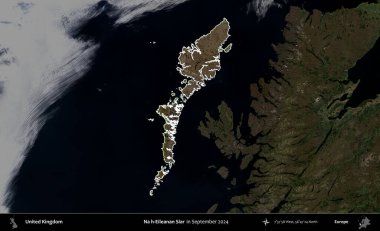 Hayır, Eileanan Siar. Birleşik Krallık 'ın idari alanı, Eylül 2024' te çekilen Kopernik Nöbetçi karolarından oluşan koyu renkli bir uydu görüntüsü üzerinde vurgulandı ve özetlendi.