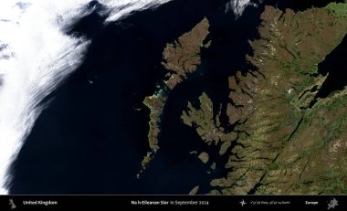 Hayır, Eileanan Siar. Eylül 2024 'te Copernicus Sentinel karolarından oluşan bir uydu görüntüsü üzerinde Birleşik Krallık' ın idari alanı