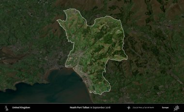 Talbot Limanı 'nın yanında. Birleşik Krallık 'ın idari alanı, Eylül 2018' de çekilen Kopernik Nöbetçi karolarından oluşan koyu renkli bir uydu görüntüsü üzerinde vurgulandı ve özetlendi.