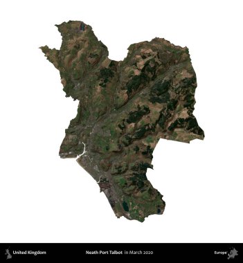 Talbot Limanı 'nın yanında. Birleşik Krallık 'ın idari alanı, Mart 2020' de çekilen Kopernik Nöbetçi karolarından oluşan bir uydu görüntüsü üzerinde beyaza izole edilmiştir.