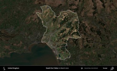 Talbot Limanı 'nın yanında. Birleşik Krallık 'ın idari alanı, Mart 2020' de çekilen Kopernik Nöbetçi karolarından oluşan koyu renkli bir uydu görüntüsü üzerinde vurgulandı ve özetlendi.