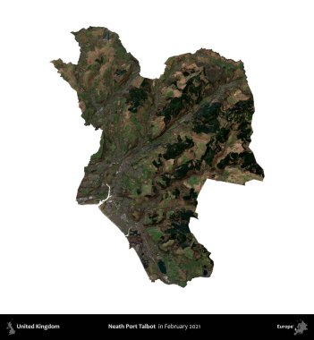 Talbot Limanı 'nın yanında. Birleşik Krallık 'ın idari alanı, Şubat 2021' de çekilen Kopernik Nöbetçi karolarından oluşan bir uydu görüntüsü üzerinde beyaza izole edilmiştir.