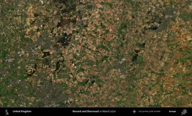 Newark ve Sherwood. Mart 2020 'de Copernicus Sentinel karolarından oluşan bir uydu görüntüsü üzerinde Birleşik Krallık' ın idari alanı