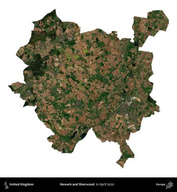 Newark ve Sherwood. Birleşik Krallık 'ın idari alanı, Nisan 2020' de çekilen Kopernik Nöbetçi karolarından oluşan bir uydu görüntüsü üzerinde beyaza izole edilmiştir.