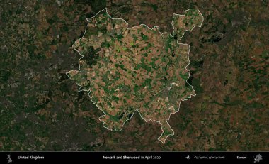 Newark ve Sherwood. Birleşik Krallık 'ın idari alanı, Nisan 2020' de çekilen Kopernik Nöbetçi karolarından oluşan koyu renkli bir uydu görüntüsü üzerinde vurgulandı ve özetlendi.