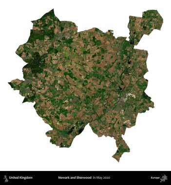Newark ve Sherwood. Birleşik Krallık 'ın idari alanı, Mayıs 2020' de çekilen Kopernik Nöbetçi karolarından oluşan bir uydu görüntüsü üzerinde beyaza izole edilmiştir.