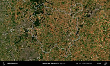 Newark ve Sherwood. Temmuz 2022 'de çekilen Copernicus Sentinel karolarından oluşan bir uydu görüntüsü üzerinde Birleşik Krallık' ın idari bölgesinin ana hatlarını belirledik.