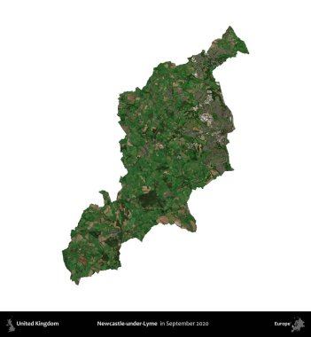 Adı Newcastle-under-Lyme. Birleşik Krallık 'ın idari alanı, Eylül 2020' de çekilen Kopernik Nöbetçi karolarından oluşan bir uydu görüntüsü üzerinde beyaza izole edilmiştir.