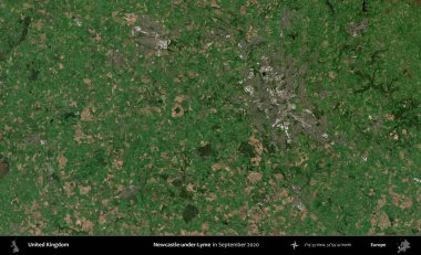 Adı Newcastle-under-Lyme. Eylül 2020 'de Copernicus Sentinel karolarından oluşan bir uydu görüntüsü üzerinde Birleşik Krallık' ın idari alanı