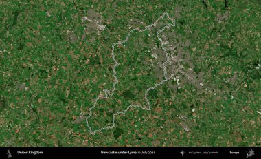 Adı Newcastle-under-Lyme. Temmuz 2021 'de çekilen Copernicus Sentinel karolarından oluşan bir uydu görüntüsü üzerinde Birleşik Krallık' ın idari bölgesinin ana hatlarını belirledik.
