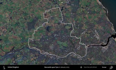 Newcastle Tyne 'da. Ocak 2025 'te çekilen Kopernik Nöbetçi karolarından oluşan bir uydu görüntüsü üzerinde Birleşik Krallık' ın idari alanının ana hatlarını belirledik.