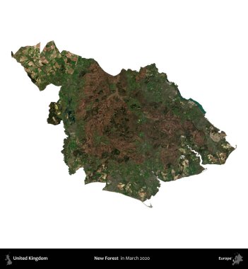 Yeni Orman. Birleşik Krallık 'ın idari alanı, Mart 2020' de çekilen Kopernik Nöbetçi karolarından oluşan bir uydu görüntüsü üzerinde beyaza izole edilmiştir.