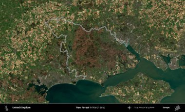 Yeni Orman. Mart 2020 'de çekilen Copernicus Sentinel karolarından oluşan bir uydu görüntüsü üzerinde Birleşik Krallık' ın idari bölgesinin ana hatlarını belirledik.
