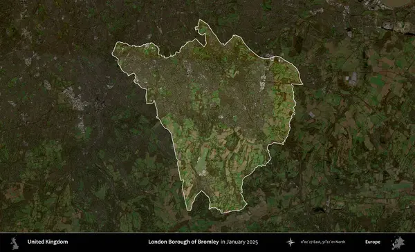 Bromley 'in Londra ilçesi. Birleşik Krallık 'ın idari alanı, Ocak 2025' te çekilen Kopernik Nöbetçi karolarından oluşan koyu renkli bir uydu görüntüsü üzerinde vurgulandı ve özetlendi.