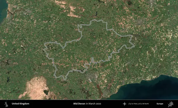 Devon 'ın ortası. Mart 2020 'de çekilen Copernicus Sentinel karolarından oluşan bir uydu görüntüsü üzerinde Birleşik Krallık' ın idari bölgesinin ana hatlarını belirledik.